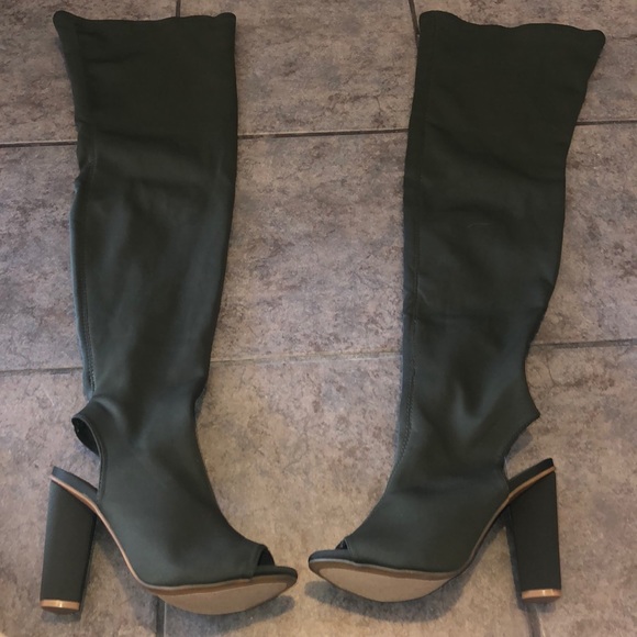 olive green open toe thigh high boots
